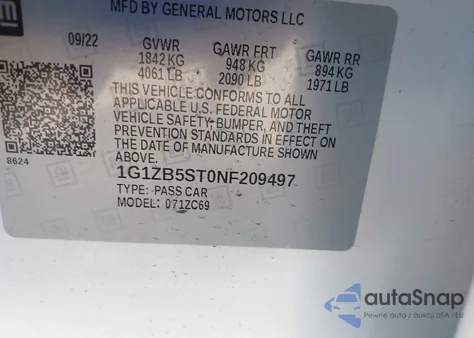 2022 Chevrolet Malibu Fwd Ls z USA, uszkodzony, nr VIN 1G1ZB5ST0NF209497